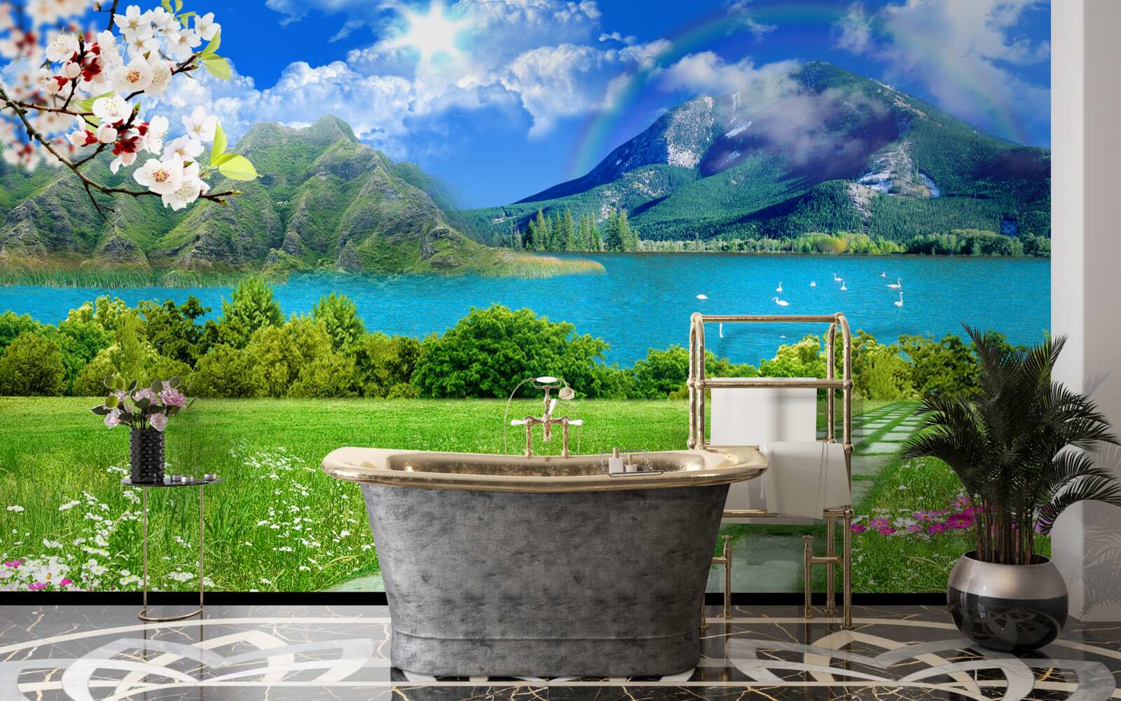 Fotobehang betoverend uitzicht op een bergmeer in de zomer