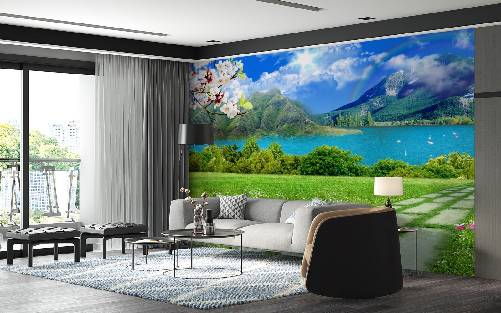 Fotobehang betoverend uitzicht op een bergmeer in de zomer