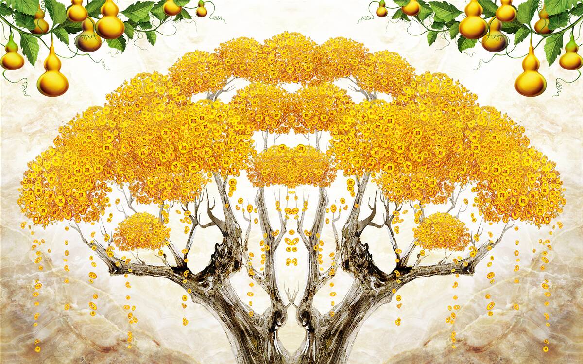 Fotobehang bij zonsondergang een boom met een gele kroon