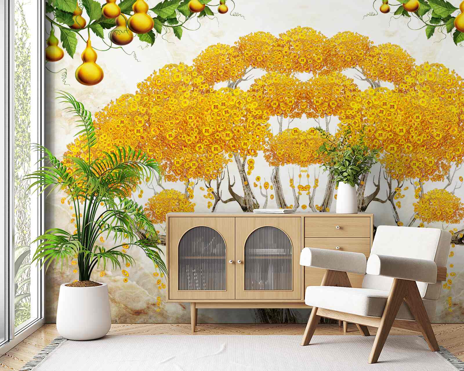 Fotobehang bij zonsondergang een boom met een gele kroon