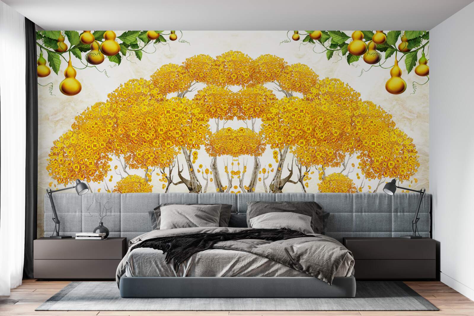 Fotobehang bij zonsondergang een boom met een gele kroon