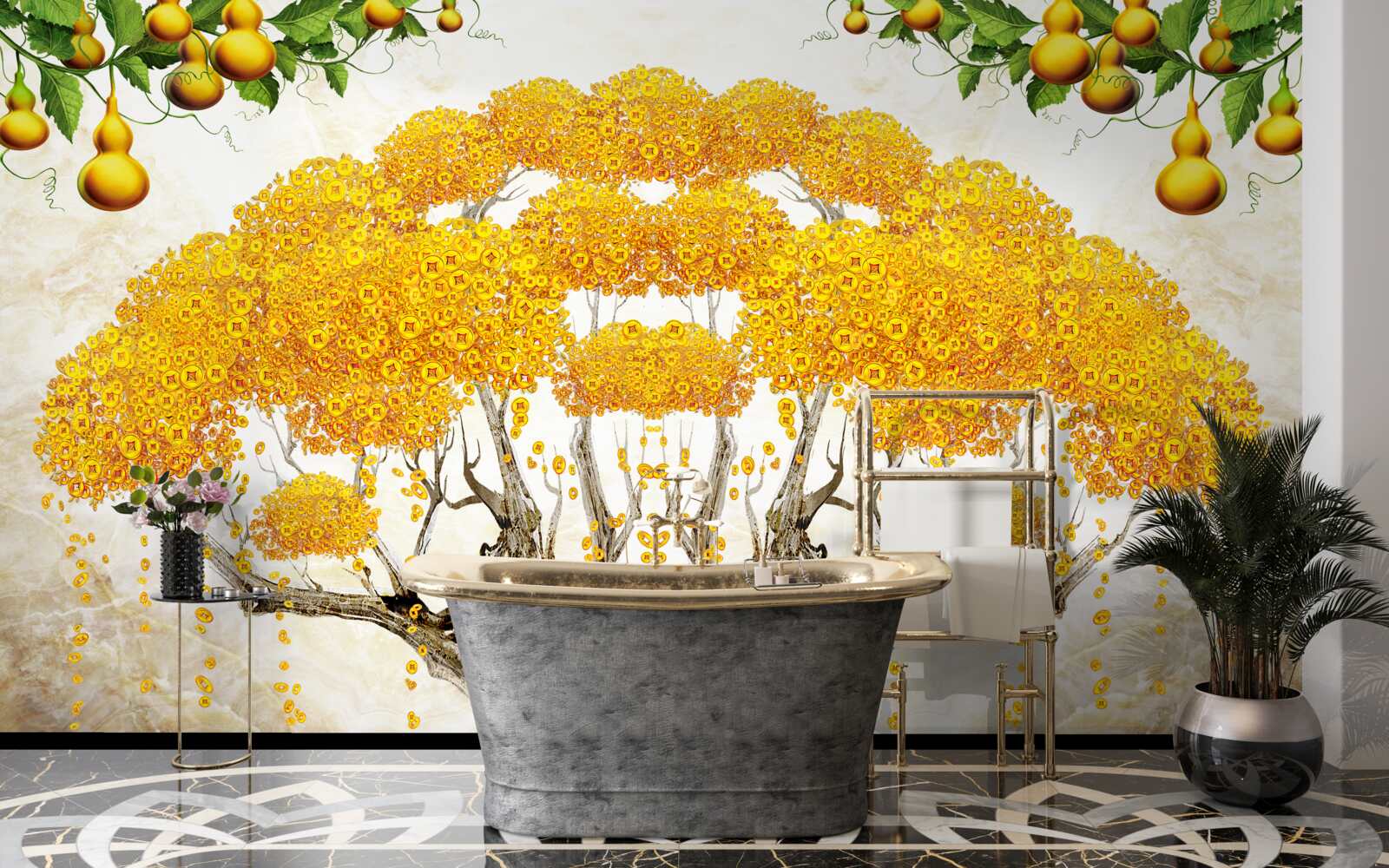 Fotobehang bij zonsondergang een boom met een gele kroon