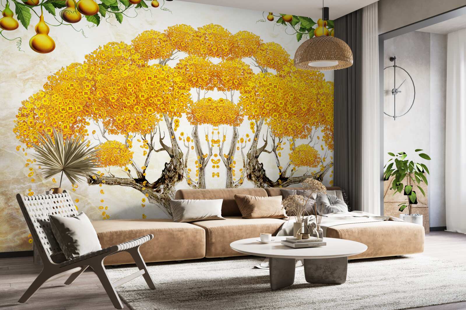 Fotobehang bij zonsondergang een boom met een gele kroon