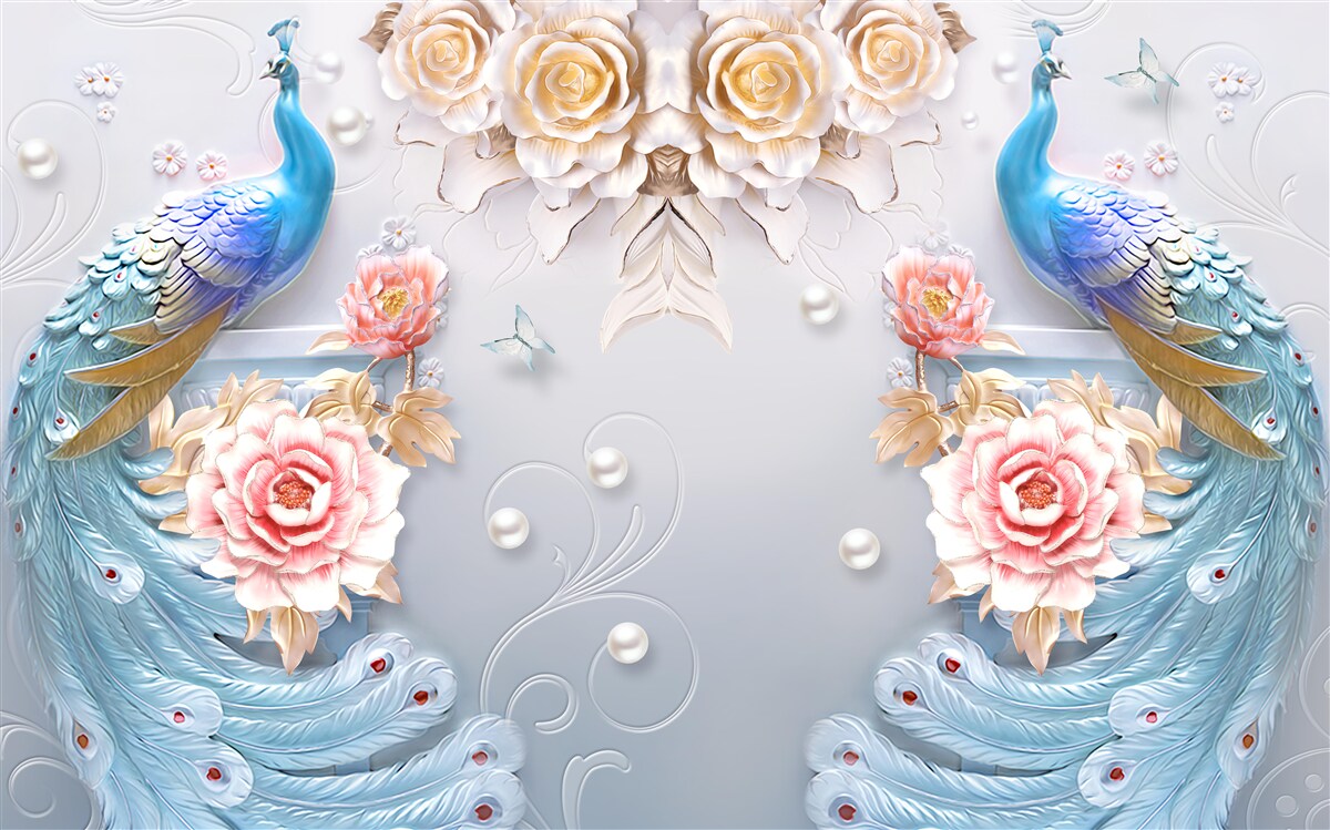 Fotobehang pauw en zijn partner met rozen