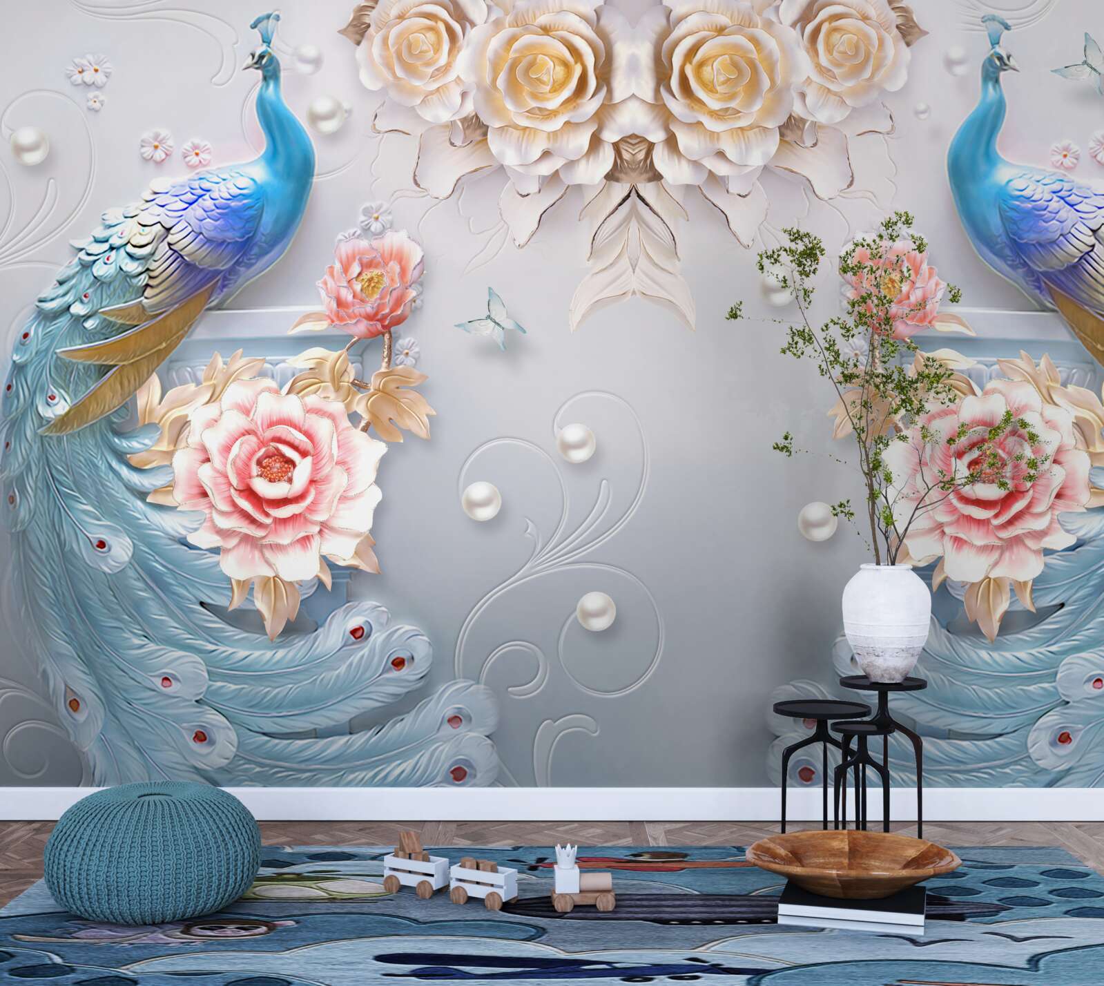 Fotobehang pauw en zijn partner met rozen