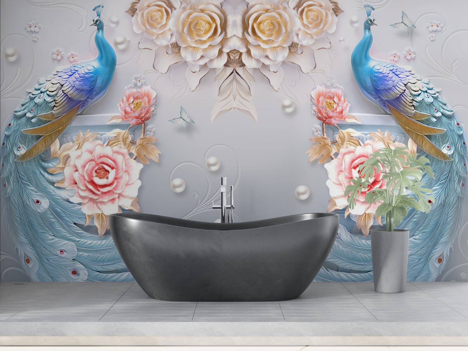 Fotobehang pauw en zijn partner met rozen