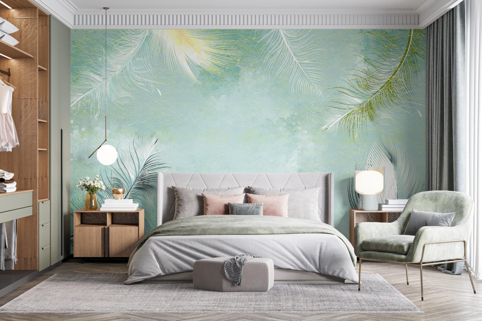 Fotobehang subtiele turquoise veer gratie