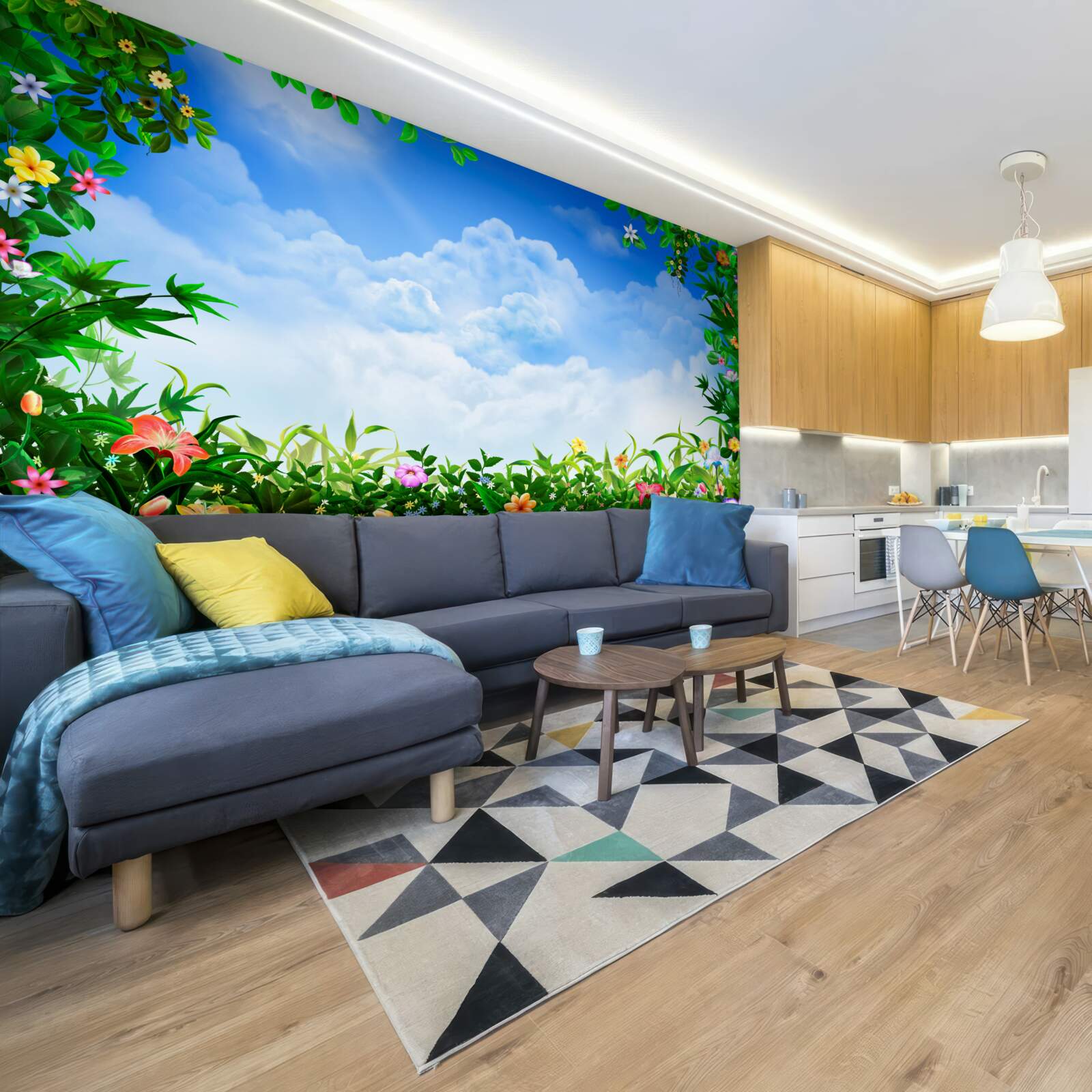 Fotobehang groene bladeren glinsteren onder blauwe wolken