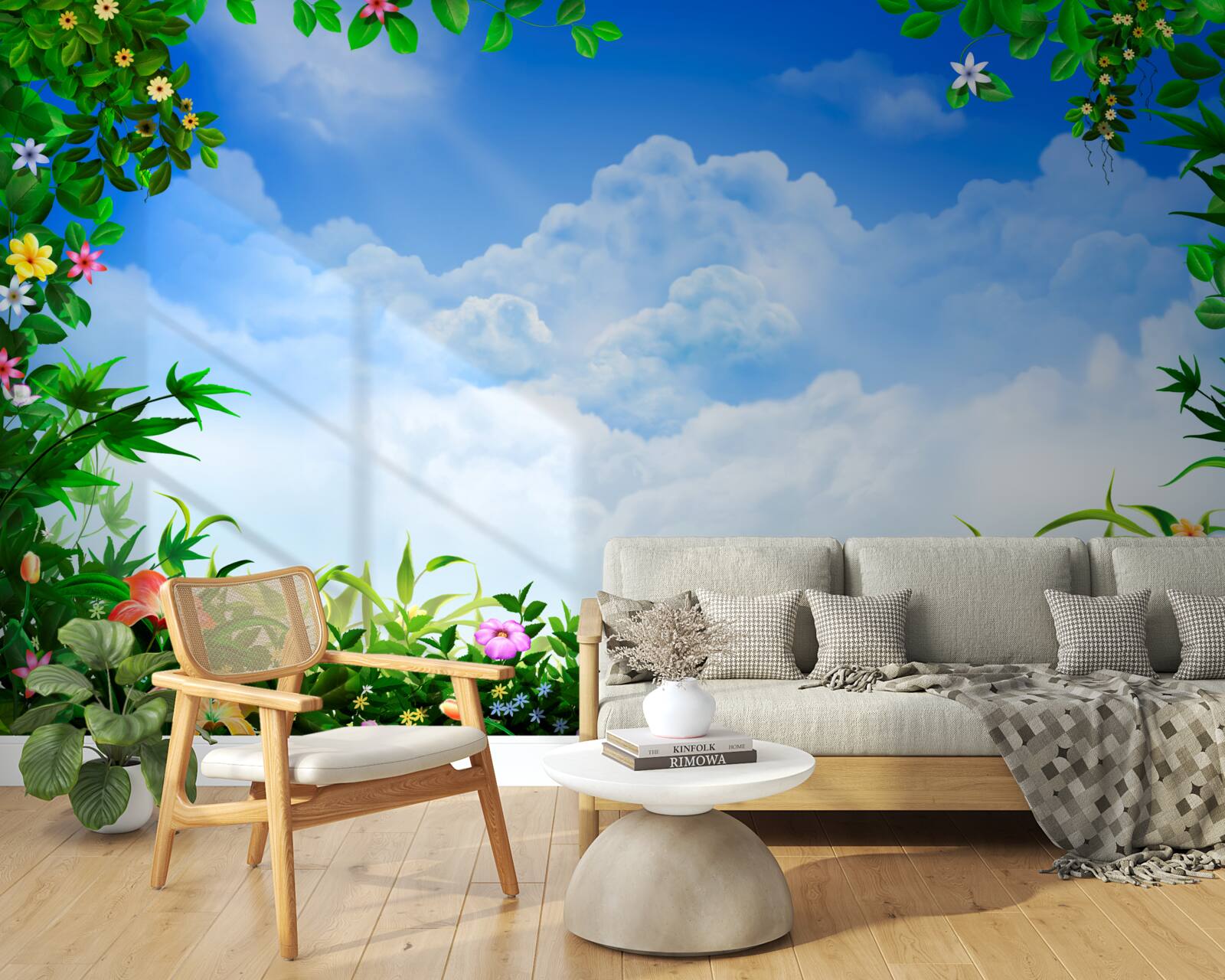 Fotobehang groene bladeren glinsteren onder blauwe wolken