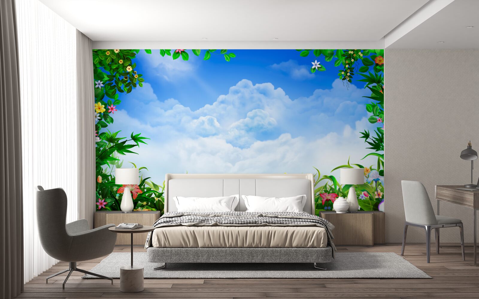 Fotobehang groene bladeren glinsteren onder blauwe wolken