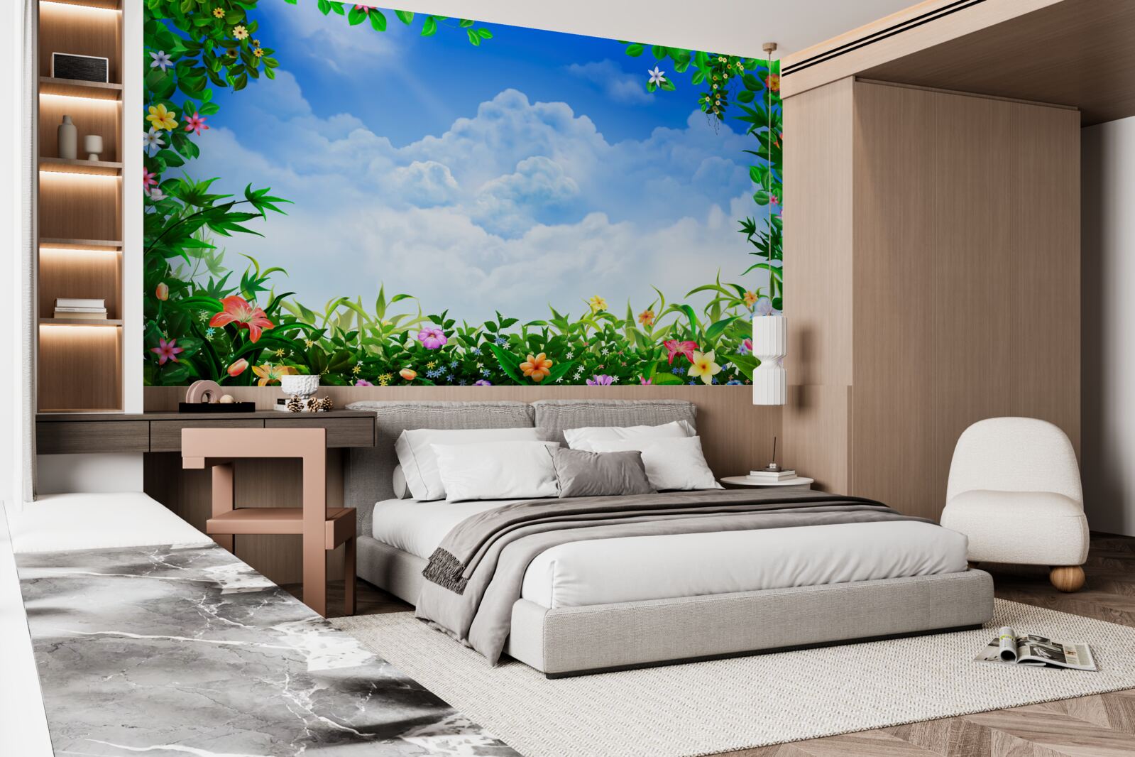 Fotobehang groene bladeren glinsteren onder blauwe wolken