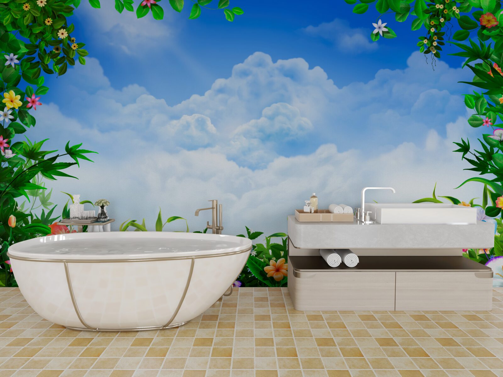 Fotobehang groene bladeren glinsteren onder blauwe wolken