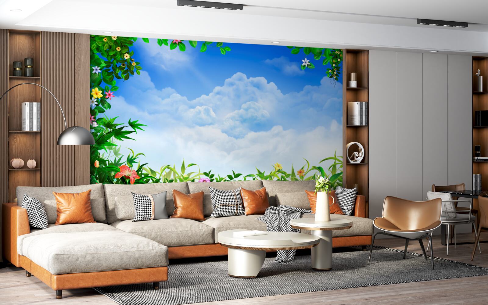 Fotobehang groene bladeren glinsteren onder blauwe wolken