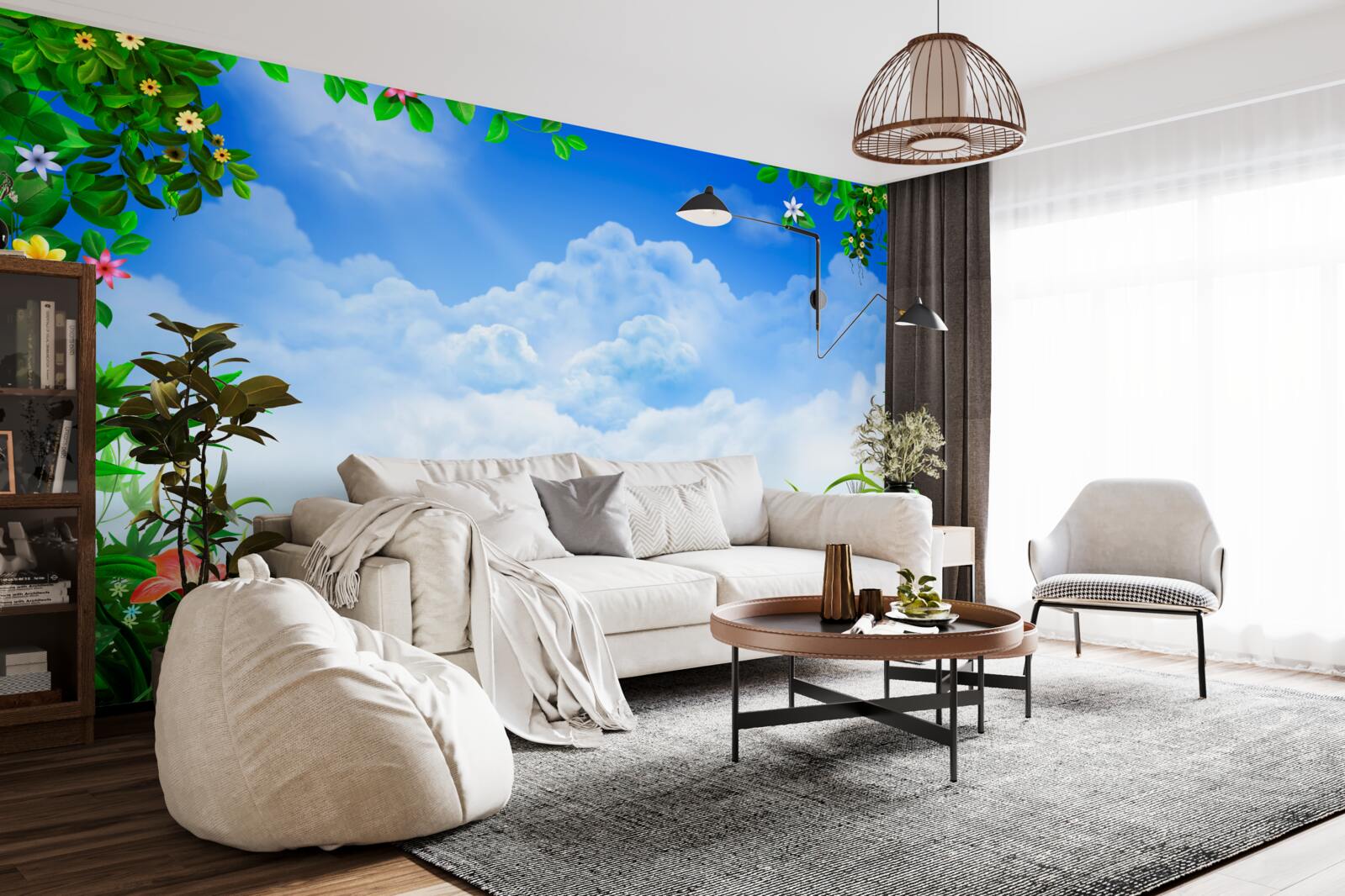 Fotobehang groene bladeren glinsteren onder blauwe wolken