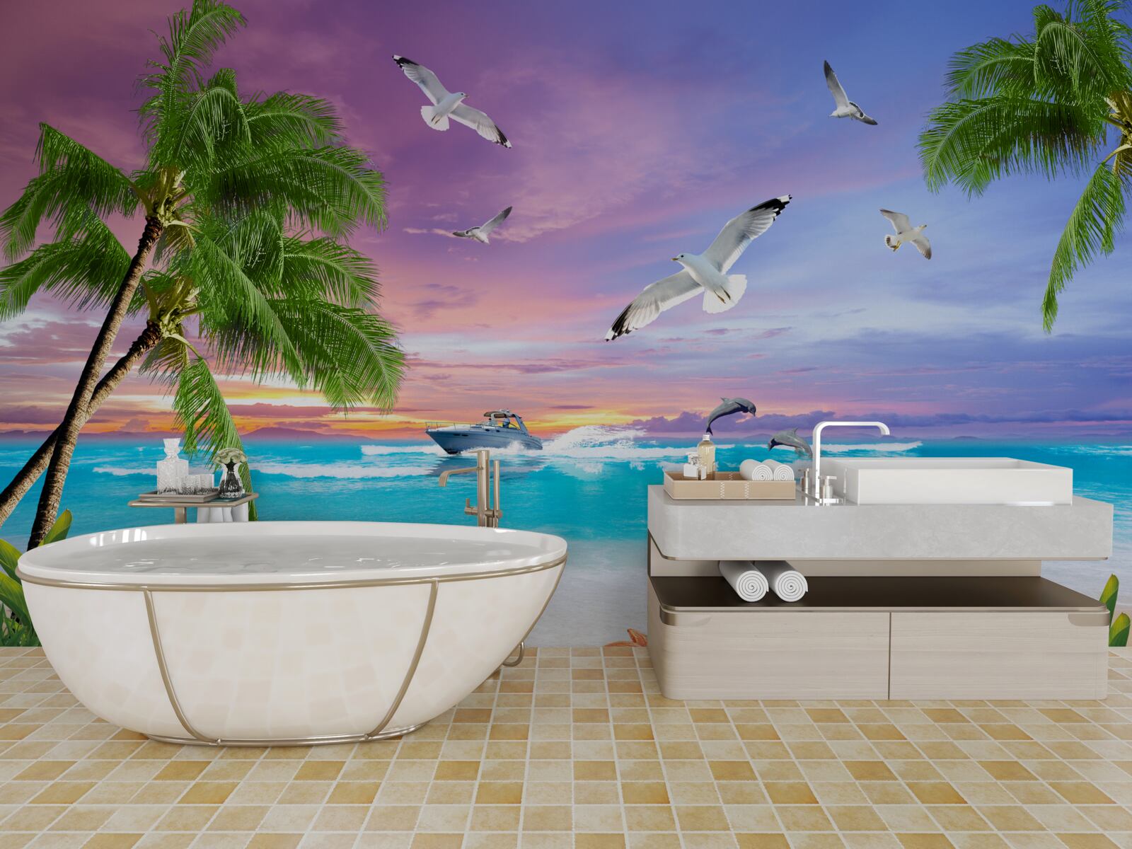 Fotobehang tropische kust en boot