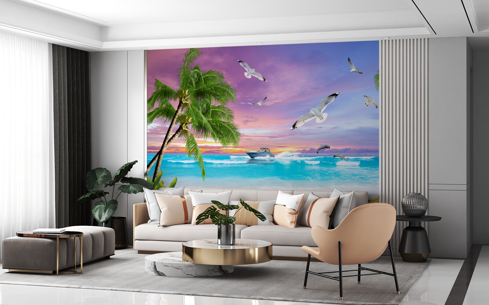 Fotobehang tropische kust en boot