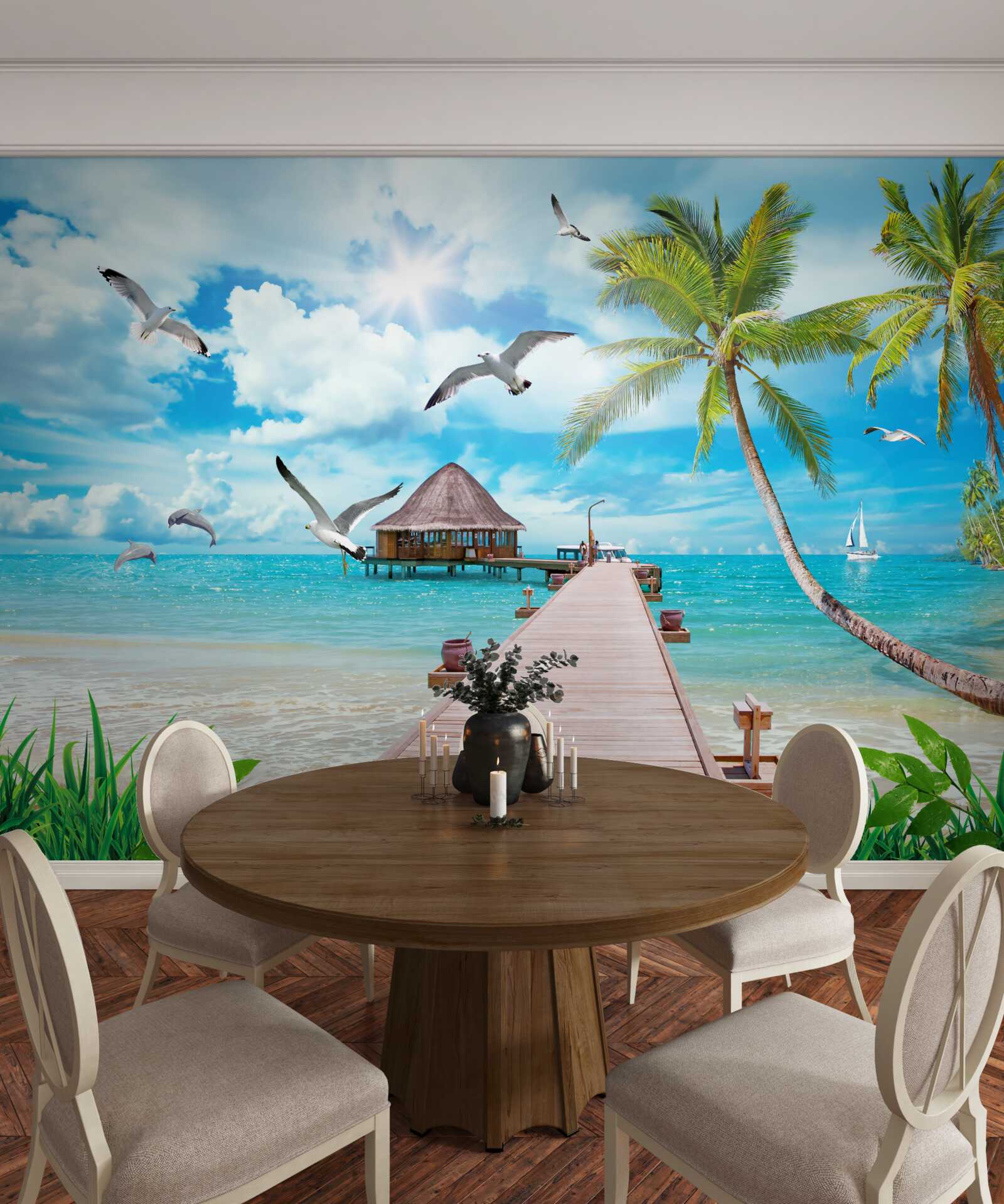 Fotobehang meeuwen en een pier aan zee