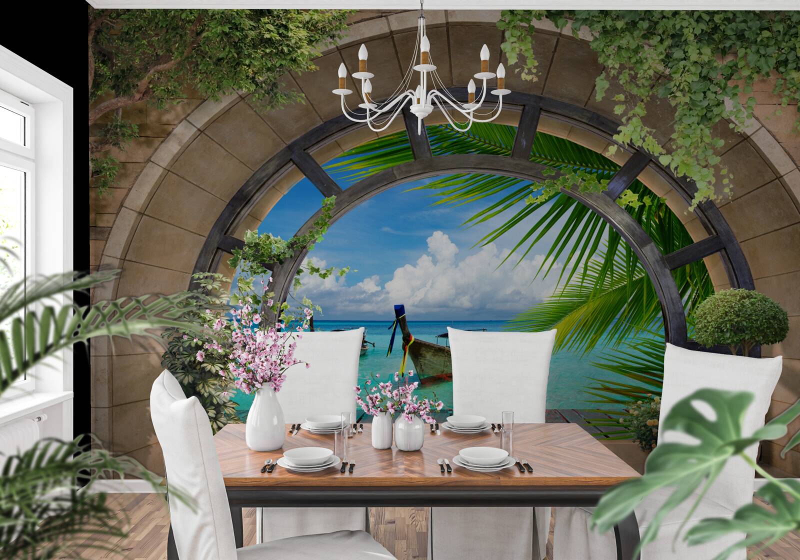 Fotobehang zonnedak met panoramisch uitzicht op blauw zeewater