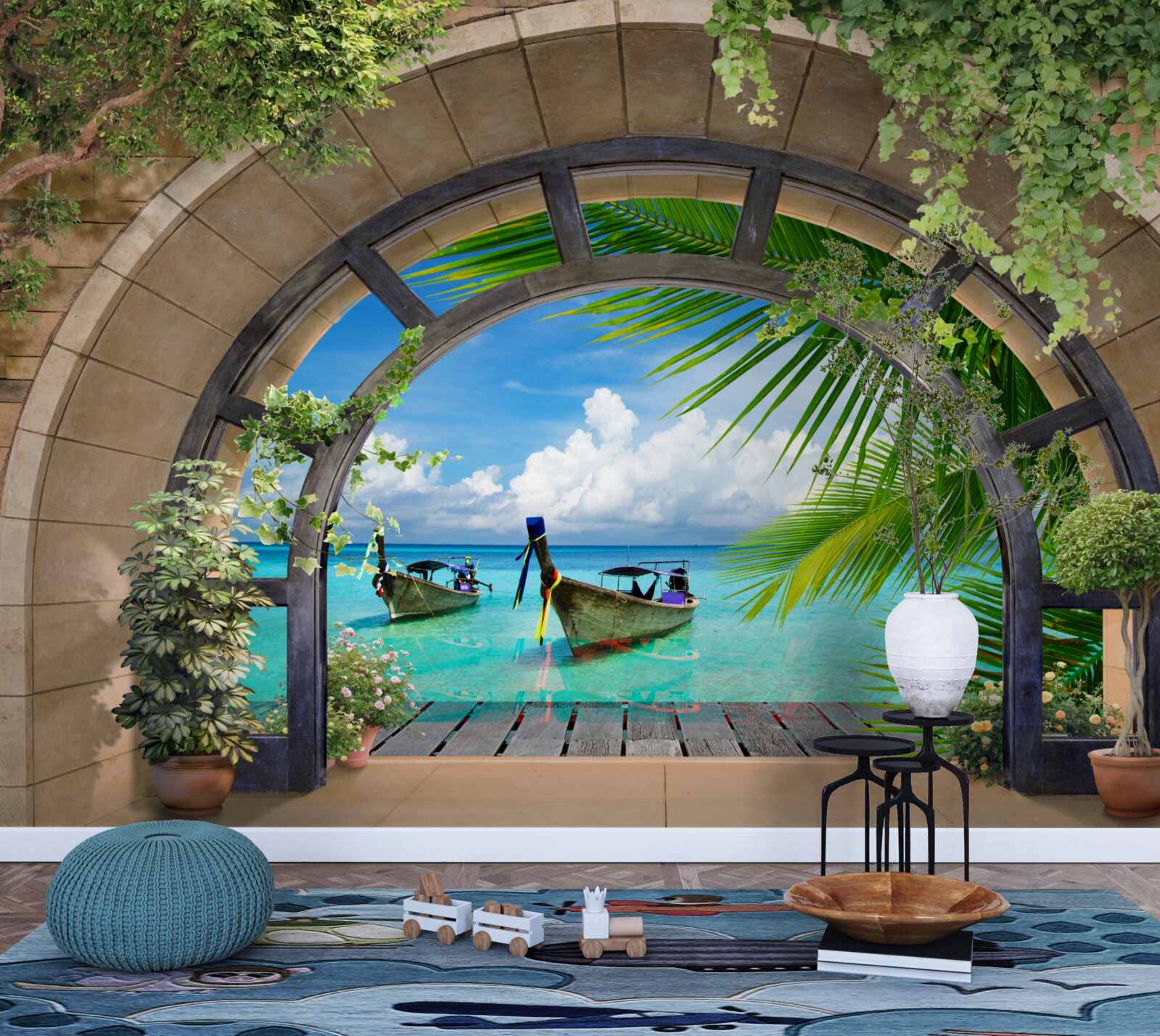 Fotobehang zonnedak met panoramisch uitzicht op blauw zeewater