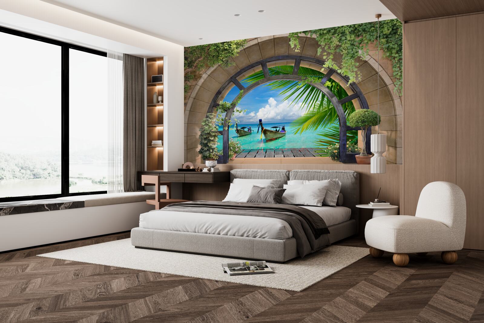 Fotobehang zonnedak met panoramisch uitzicht op blauw zeewater