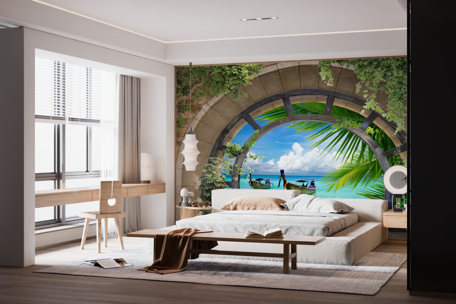 Fotobehang zonnedak met panoramisch uitzicht op blauw zeewater