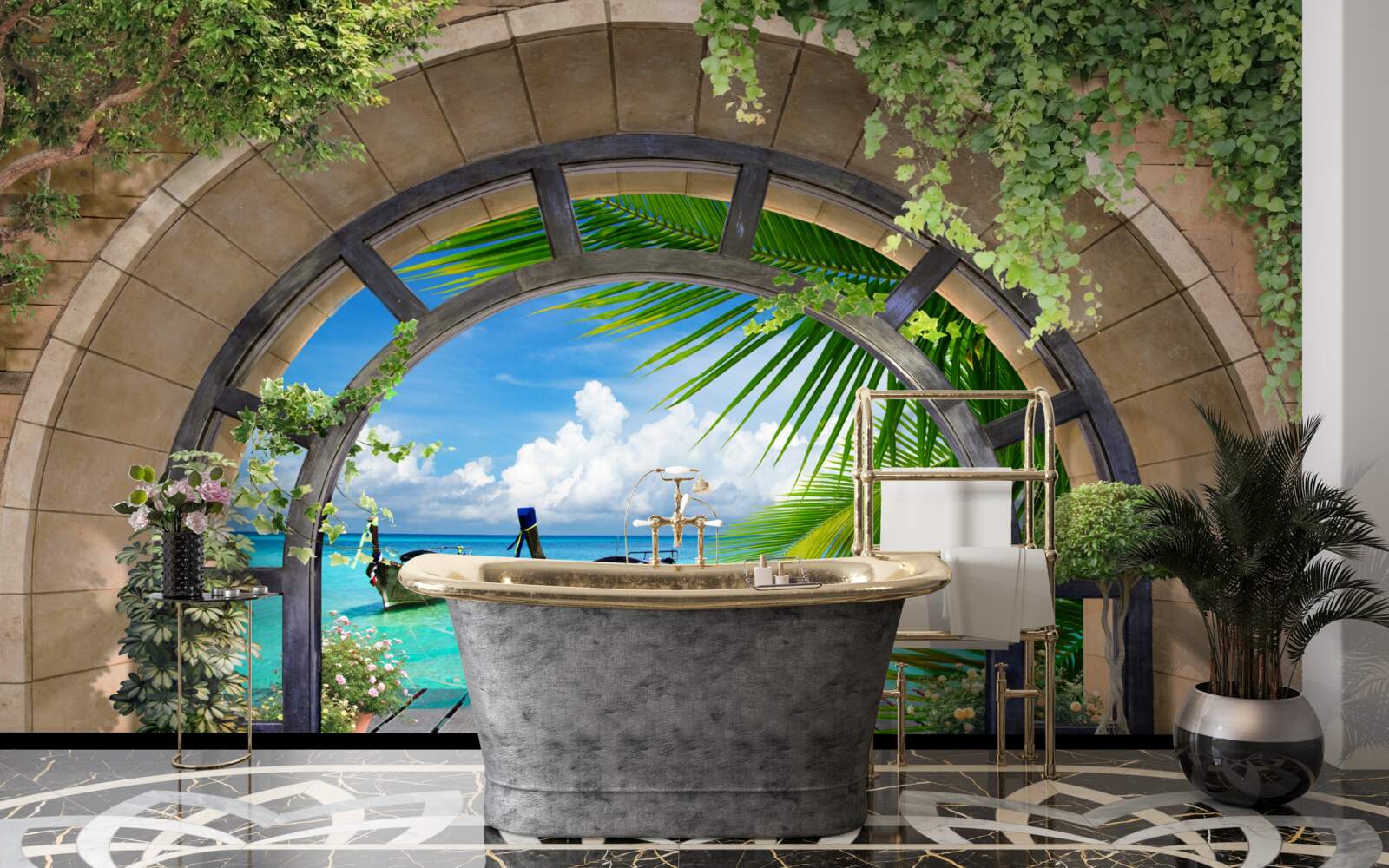 Fotobehang zonnedak met panoramisch uitzicht op blauw zeewater