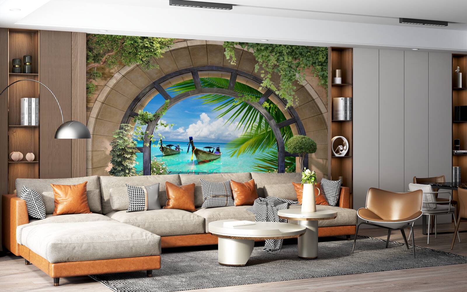 Fotobehang zonnedak met panoramisch uitzicht op blauw zeewater