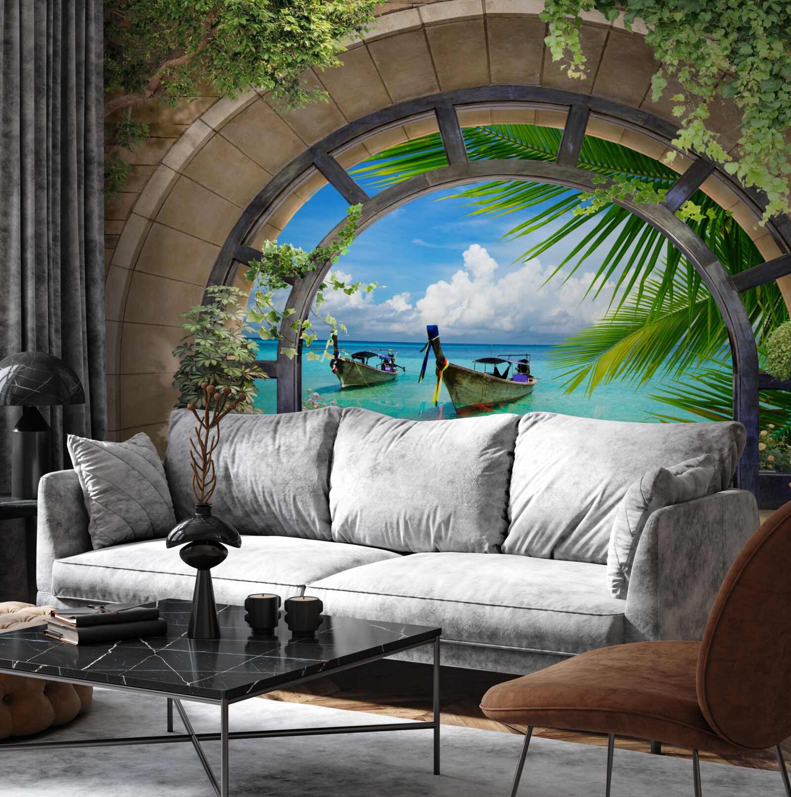 Fotobehang zonnedak met panoramisch uitzicht op blauw zeewater