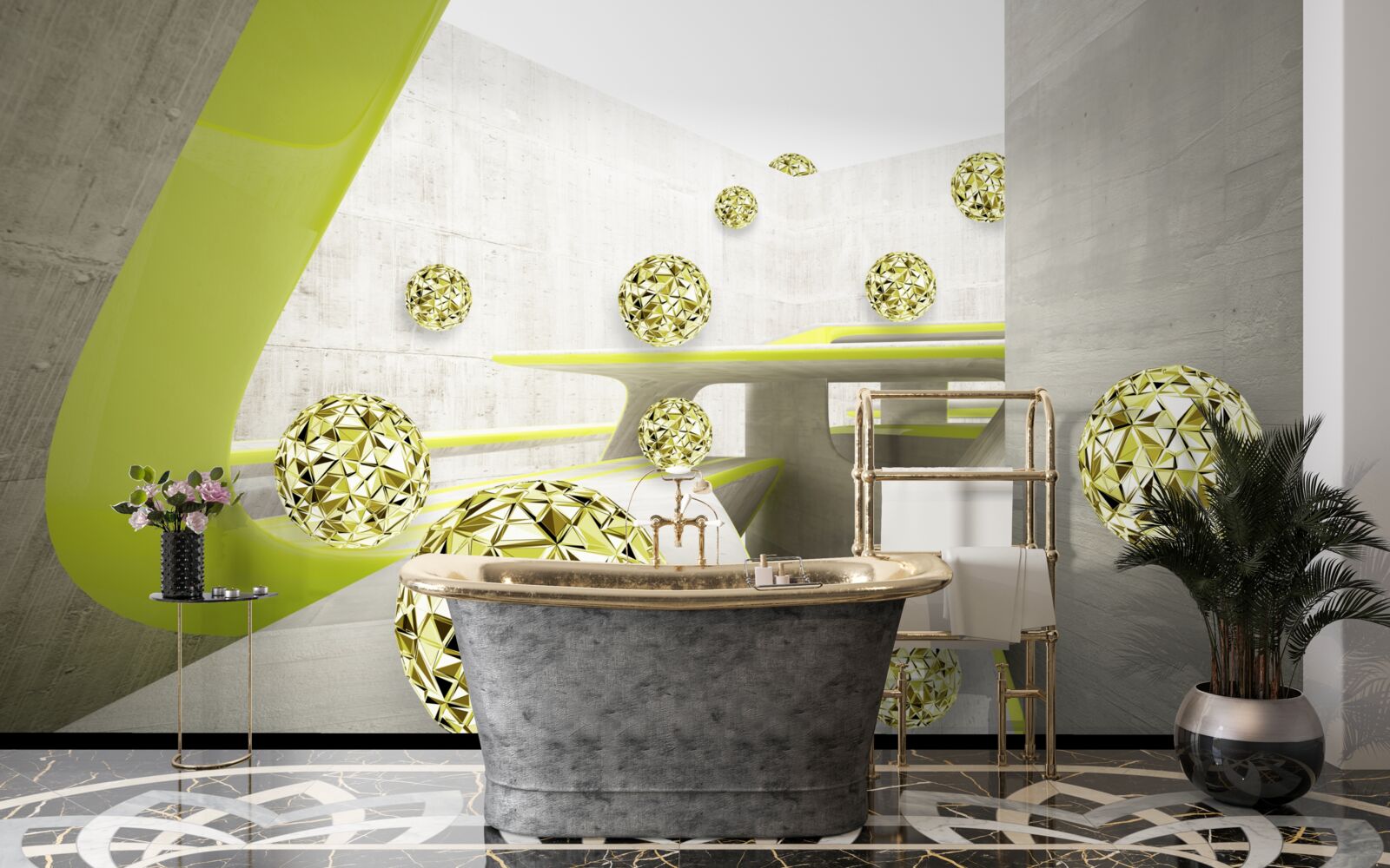 Fotobehang gouden ballen rollen naar beneden