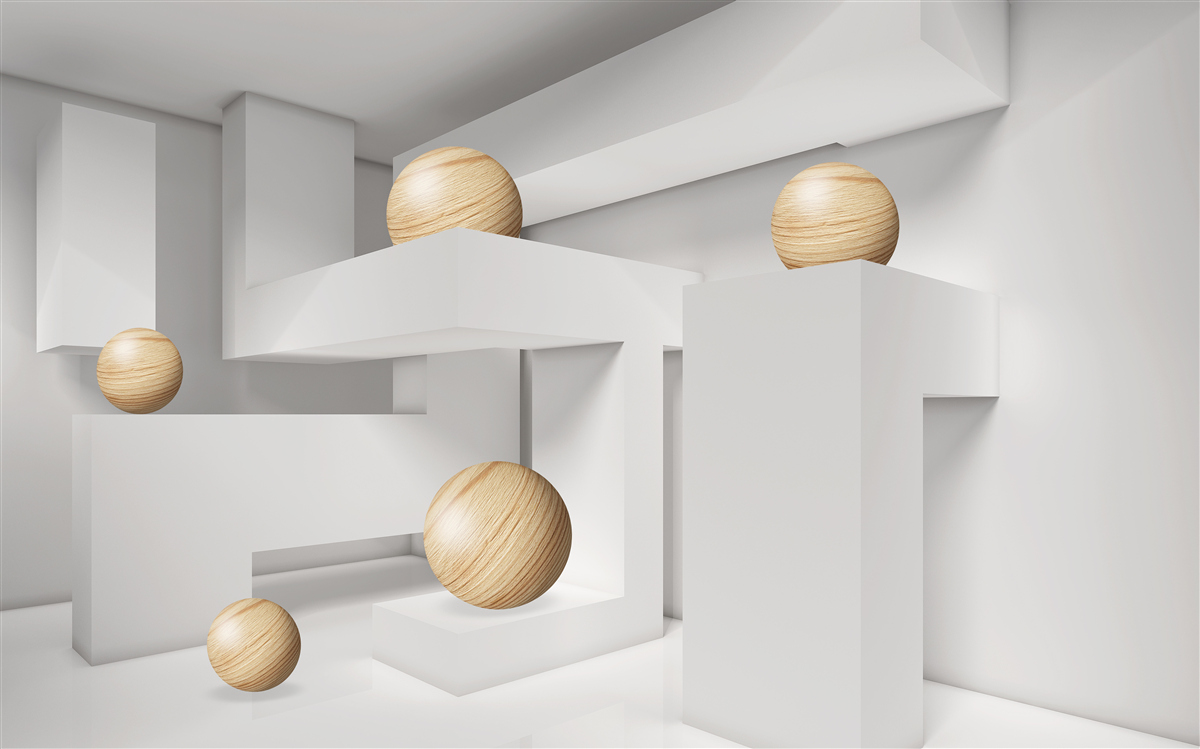 Fotobehang gouden ballen op sokkels