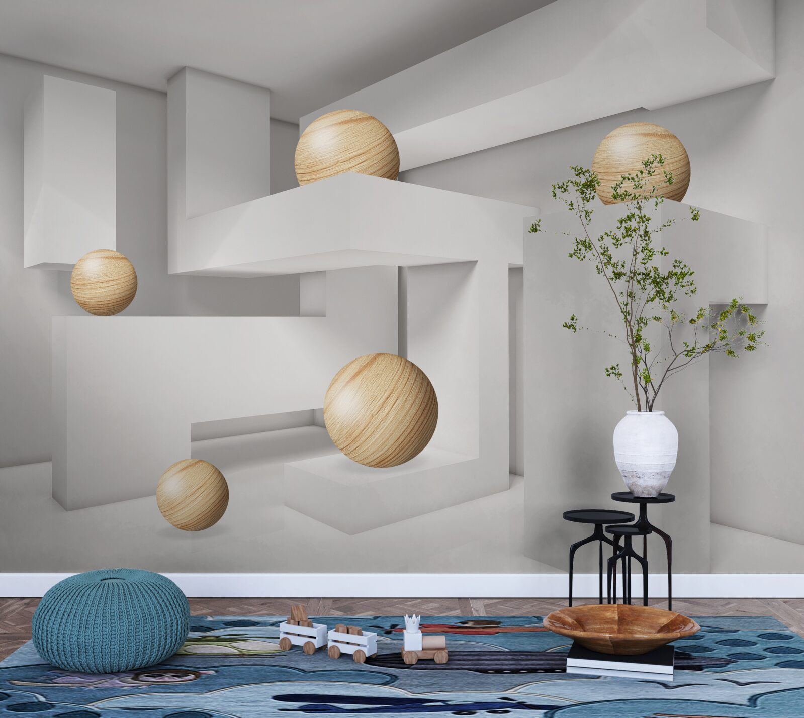 Fotobehang gouden ballen op sokkels