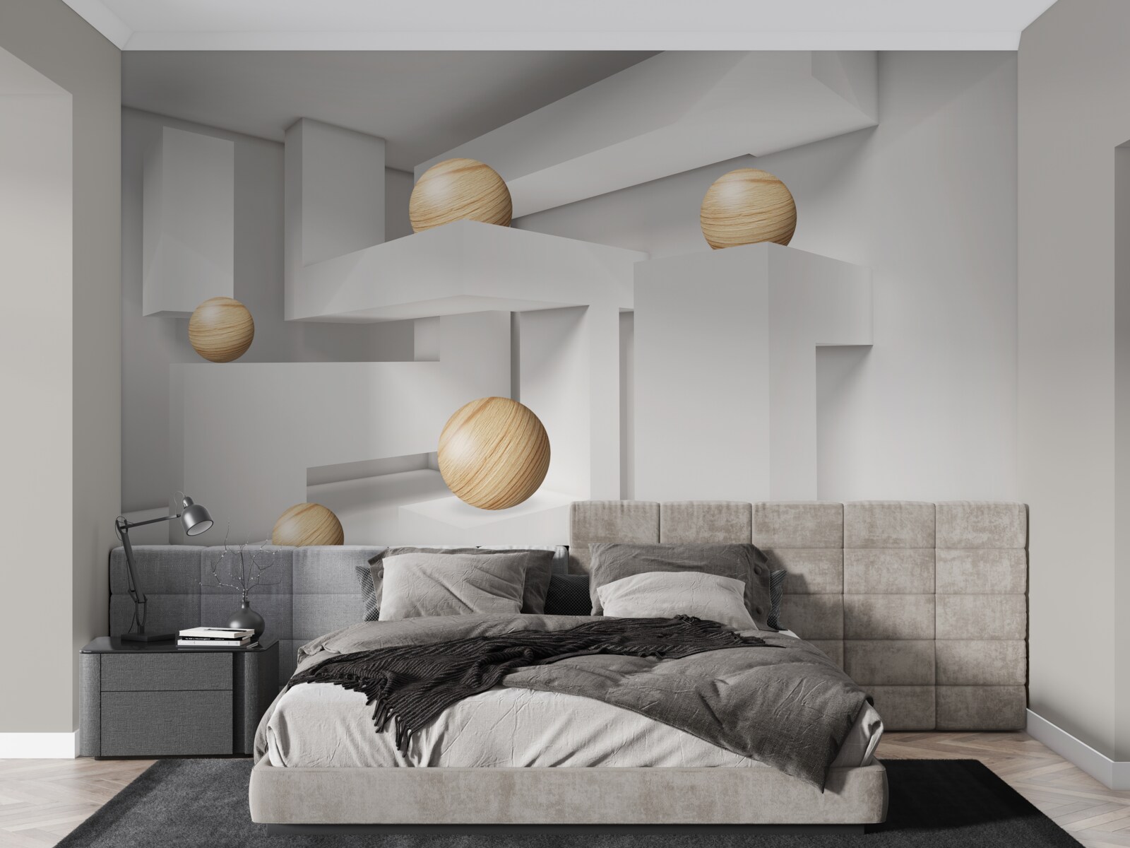 Fotobehang gouden ballen op sokkels