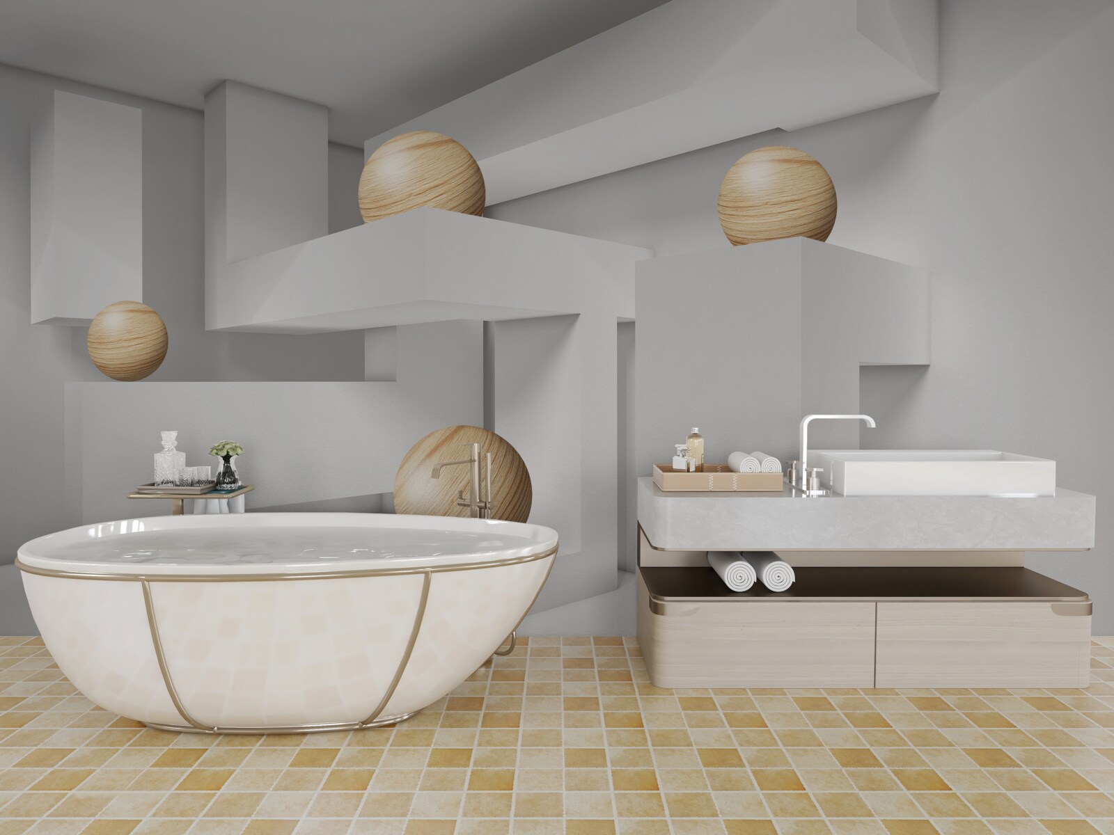 Fotobehang gouden ballen op sokkels