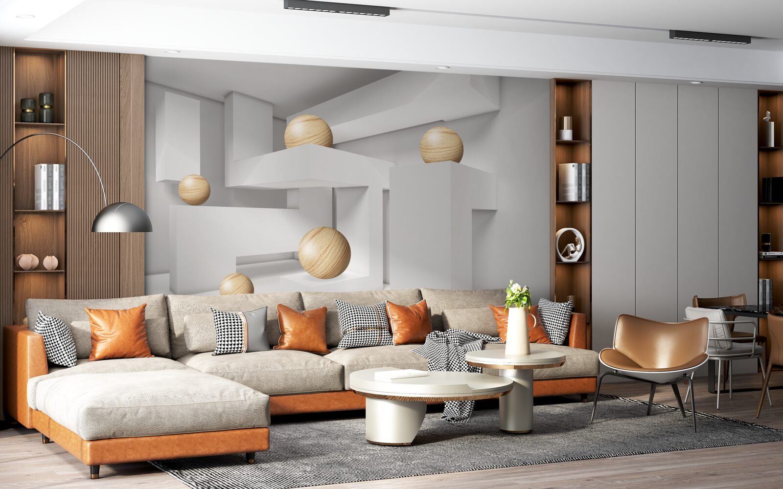 Fotobehang gouden ballen op sokkels