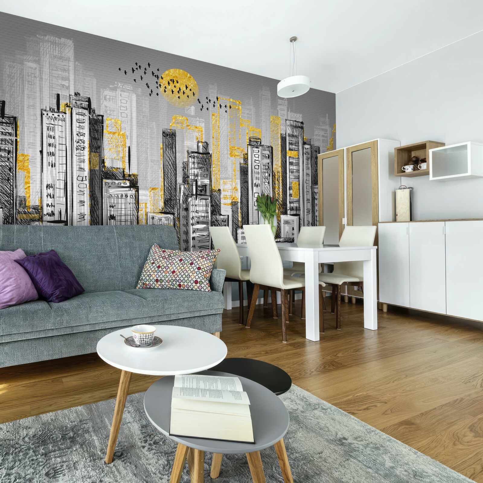 Fotobehang grijze stad in geel avondlicht