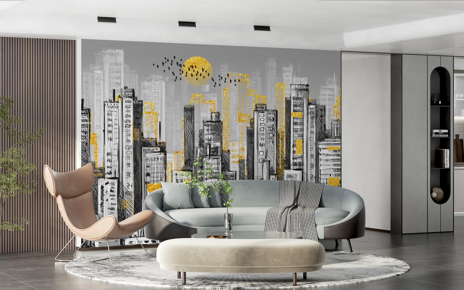 Fotobehang grijze stad in geel avondlicht