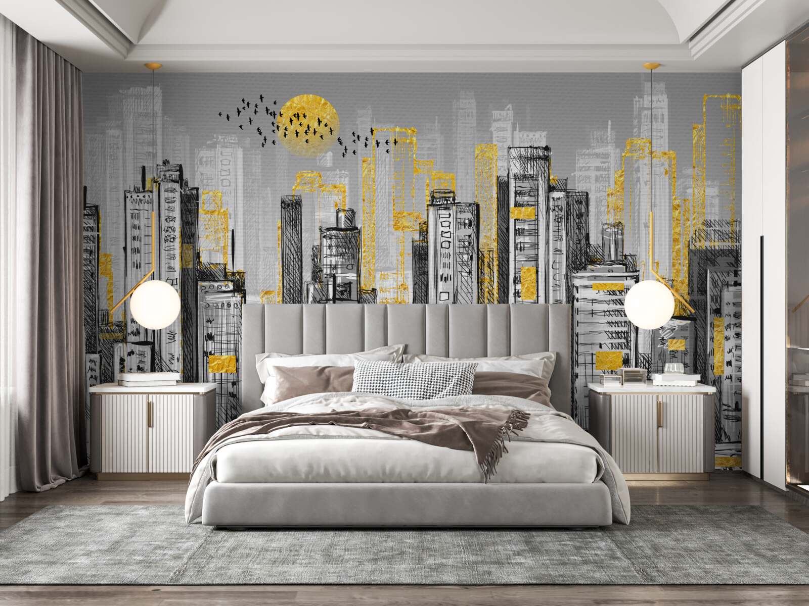 Fotobehang grijze stad in geel avondlicht