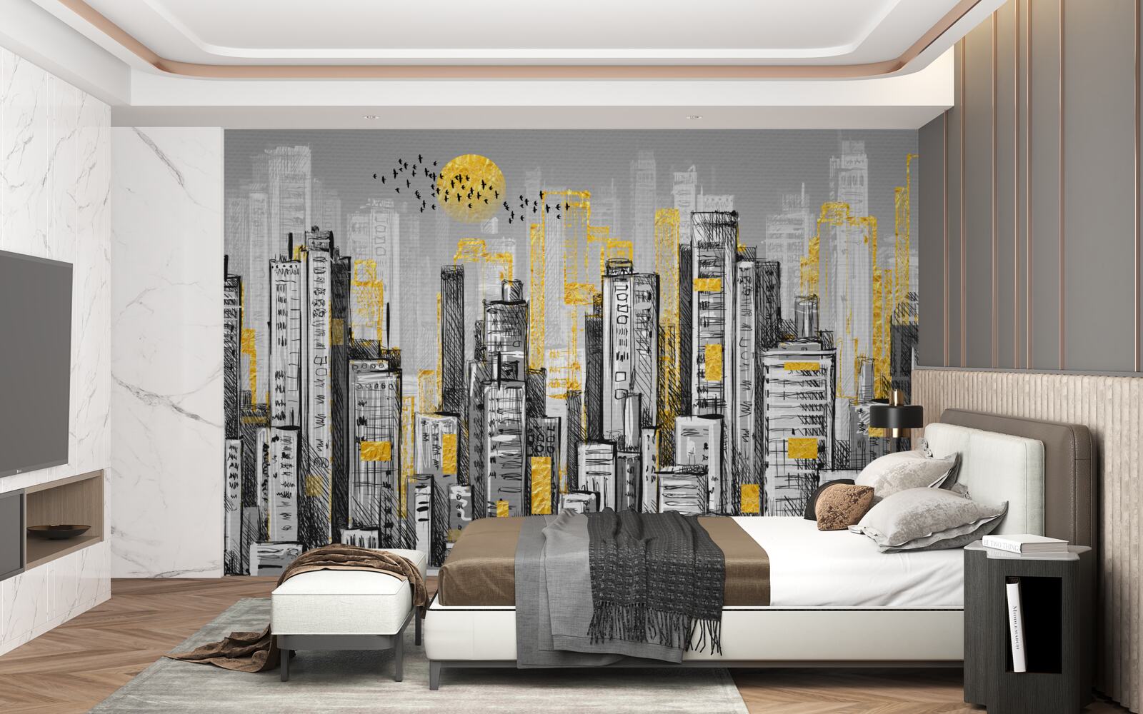 Fotobehang grijze stad in geel avondlicht