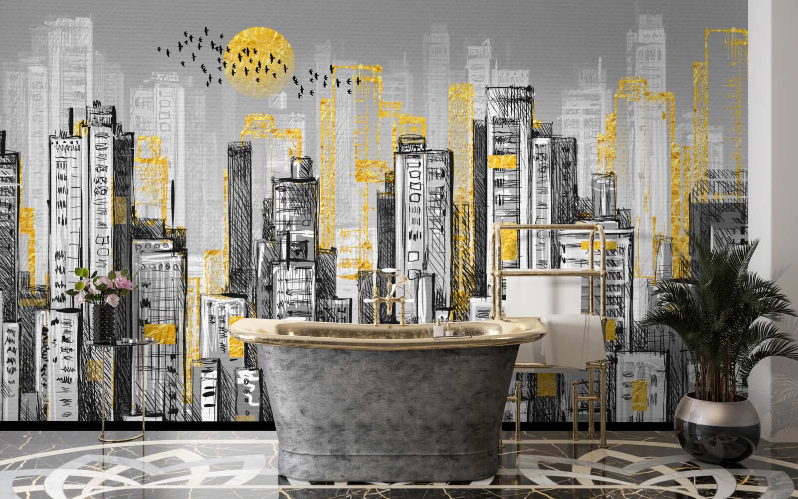 Fotobehang grijze stad in geel avondlicht