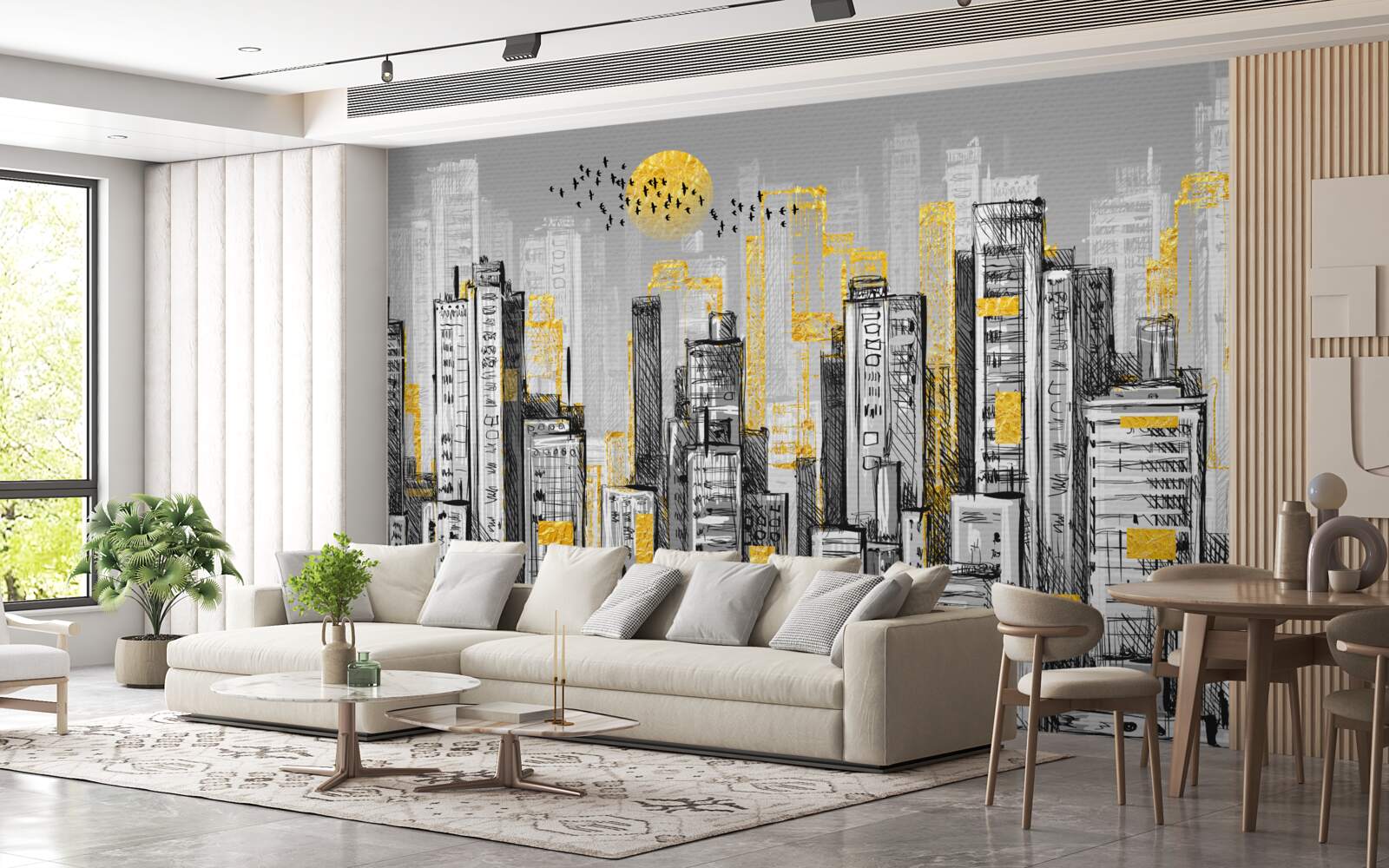 Fotobehang grijze stad in geel avondlicht