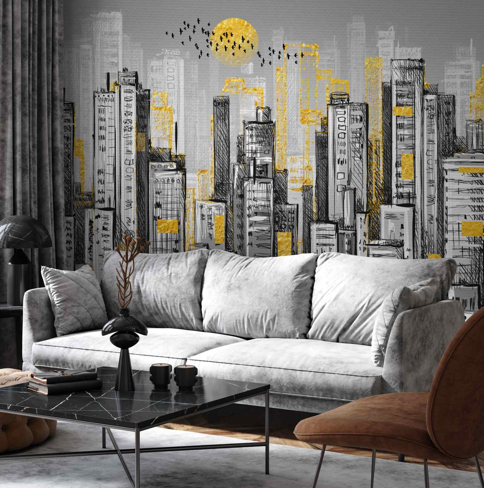 Fotobehang grijze stad in geel avondlicht