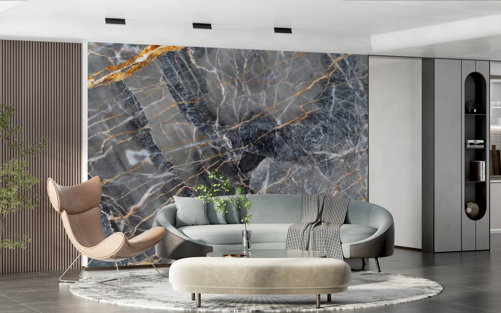 Fotobehang zwart marmer met goud dooraderd