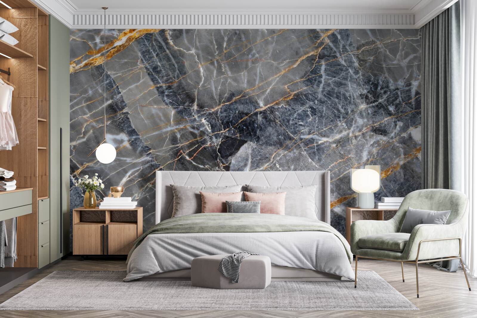 Fotobehang zwart marmer met goud dooraderd