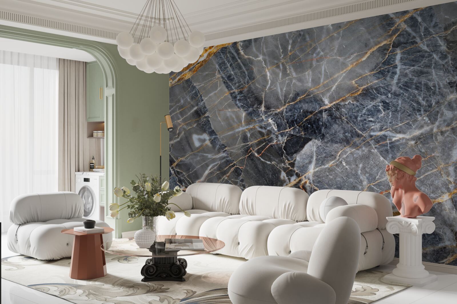 Fotobehang zwart marmer met goud dooraderd