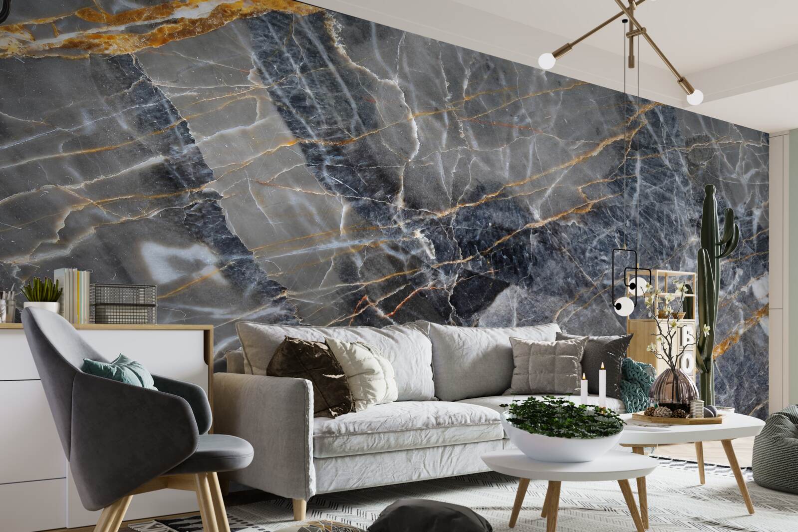 Fotobehang zwart marmer met goud dooraderd