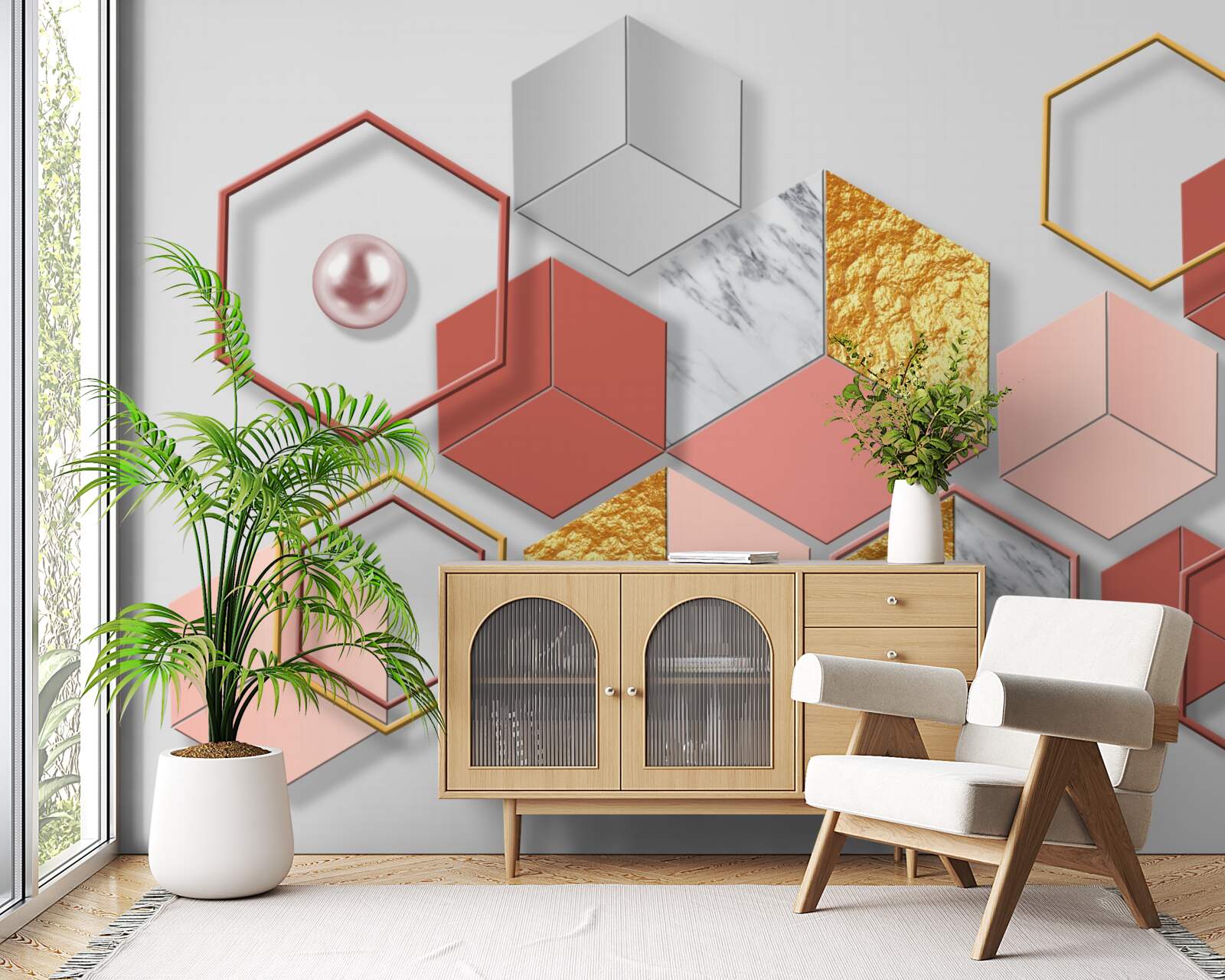 Fotobehang bordeauxrode vijfhoeken met verschillende inhoud