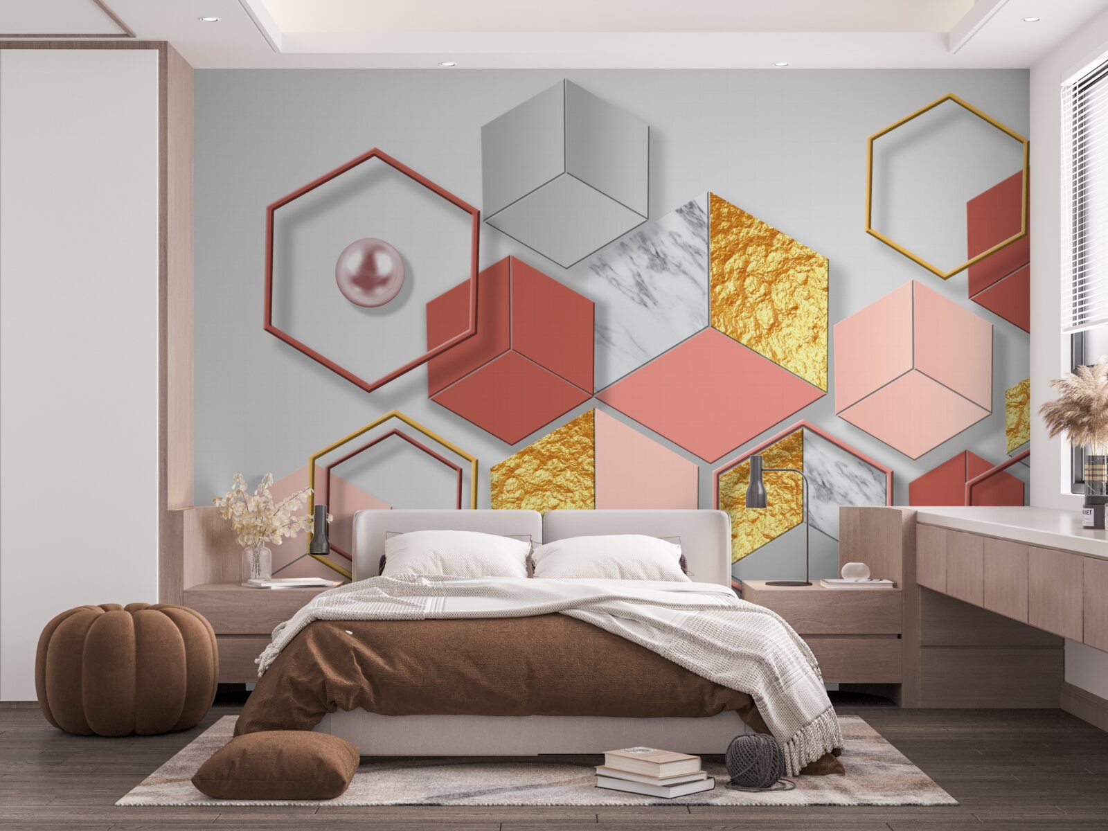 Fotobehang bordeauxrode vijfhoeken met verschillende inhoud