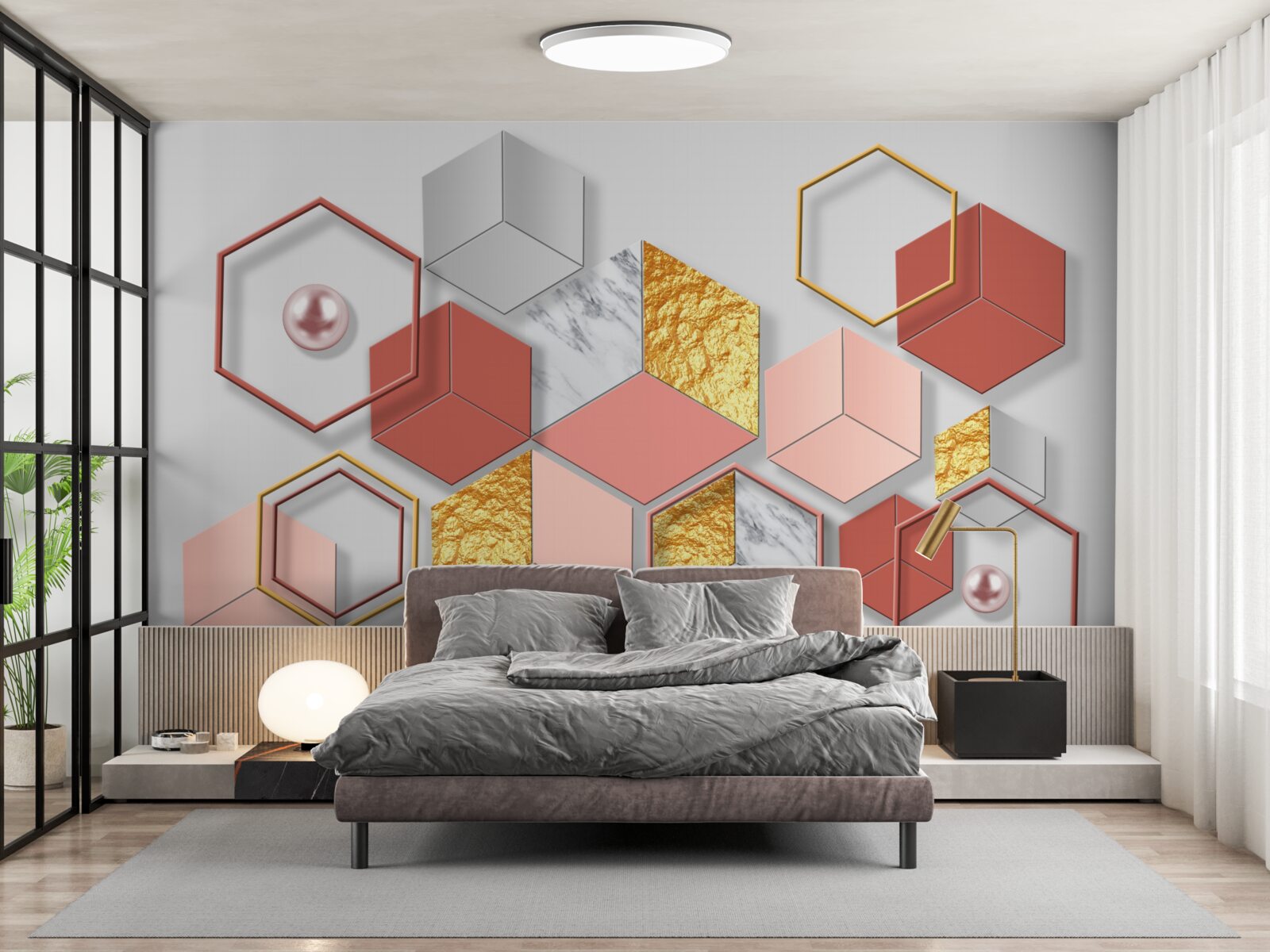 Fotobehang bordeauxrode vijfhoeken met verschillende inhoud