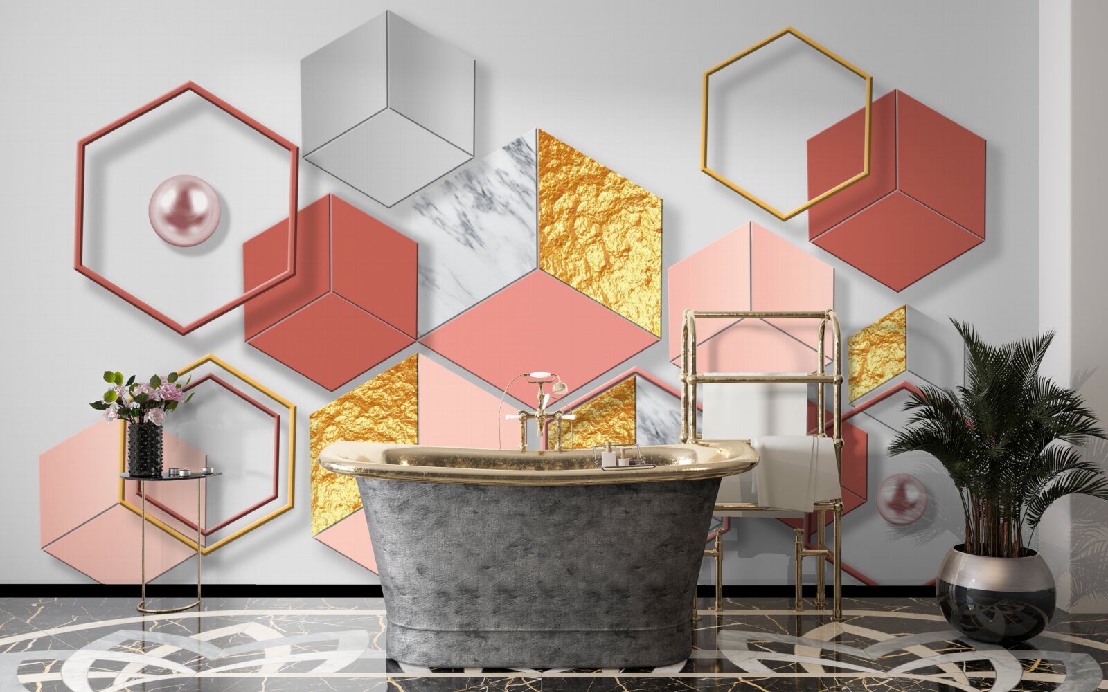 Fotobehang bordeauxrode vijfhoeken met verschillende inhoud