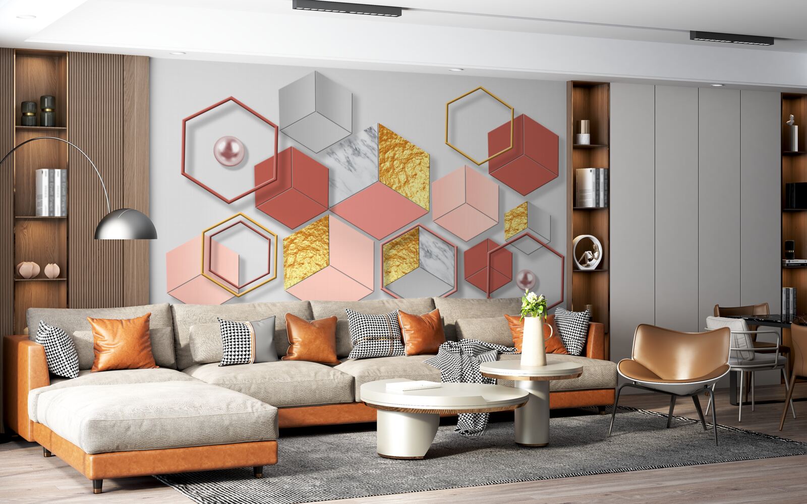 Fotobehang bordeauxrode vijfhoeken met verschillende inhoud